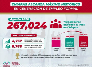 Chiapas alcanza máximo histórico de empleo formal con 267 mil 24 trabajadores afiliados al padrón del IMSS