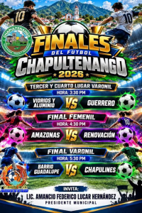 El H. Ayuntamiento de Chapultenango que preside Amancio Federico invita a toda la ciudadanía a disfrutar este jueves de las finales de fútbol en las categorías femenil y varonil.